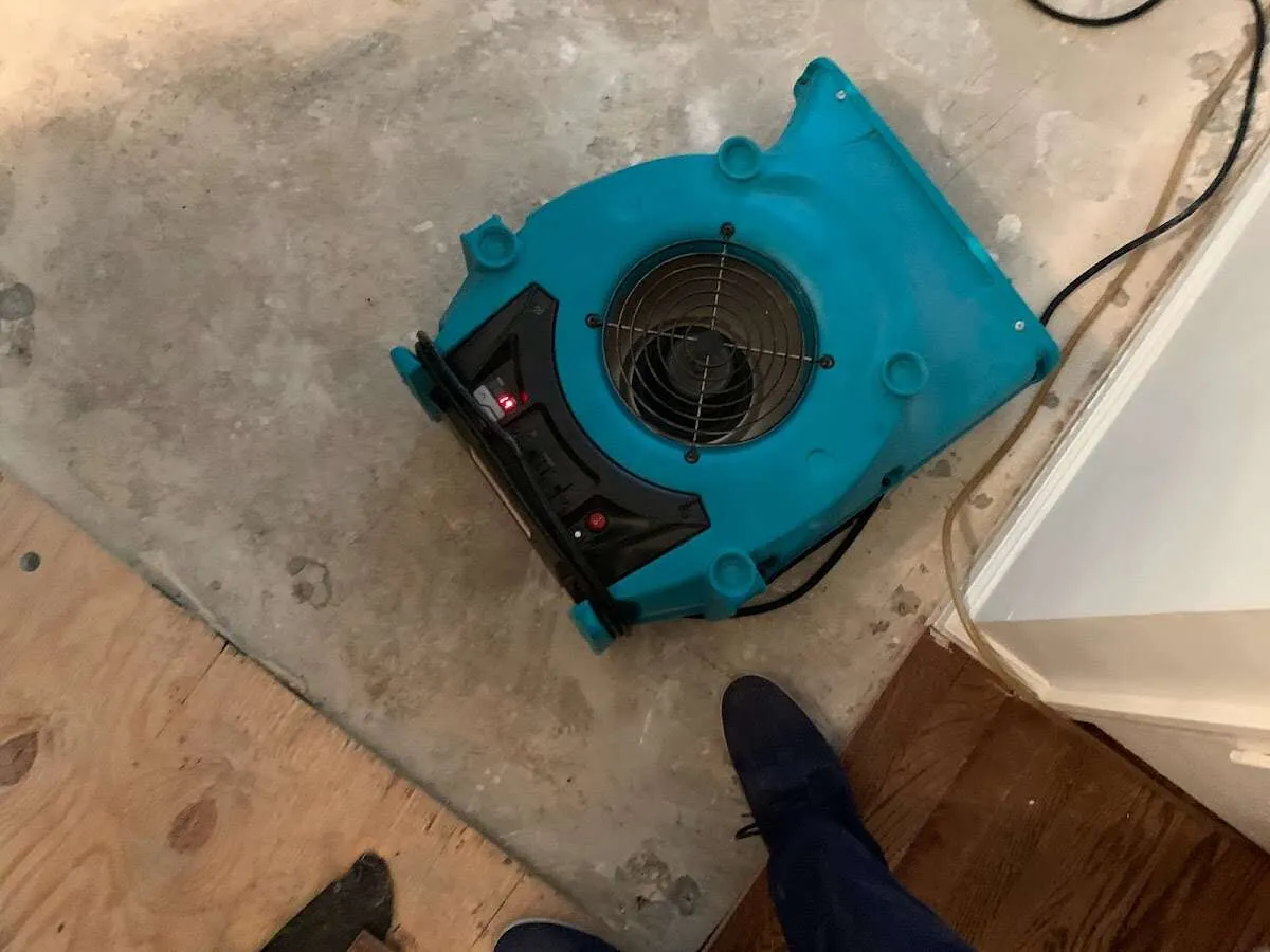 Air mover drying subfloor during Commercial Water Damage Restoration in Marysville